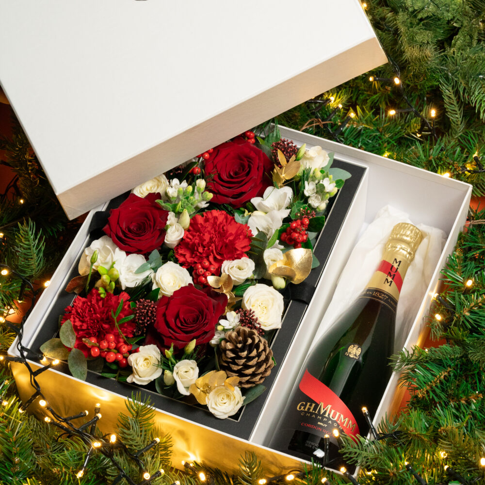 Coffret-Fleuri de Fêtes avec Bouteille de Champagne