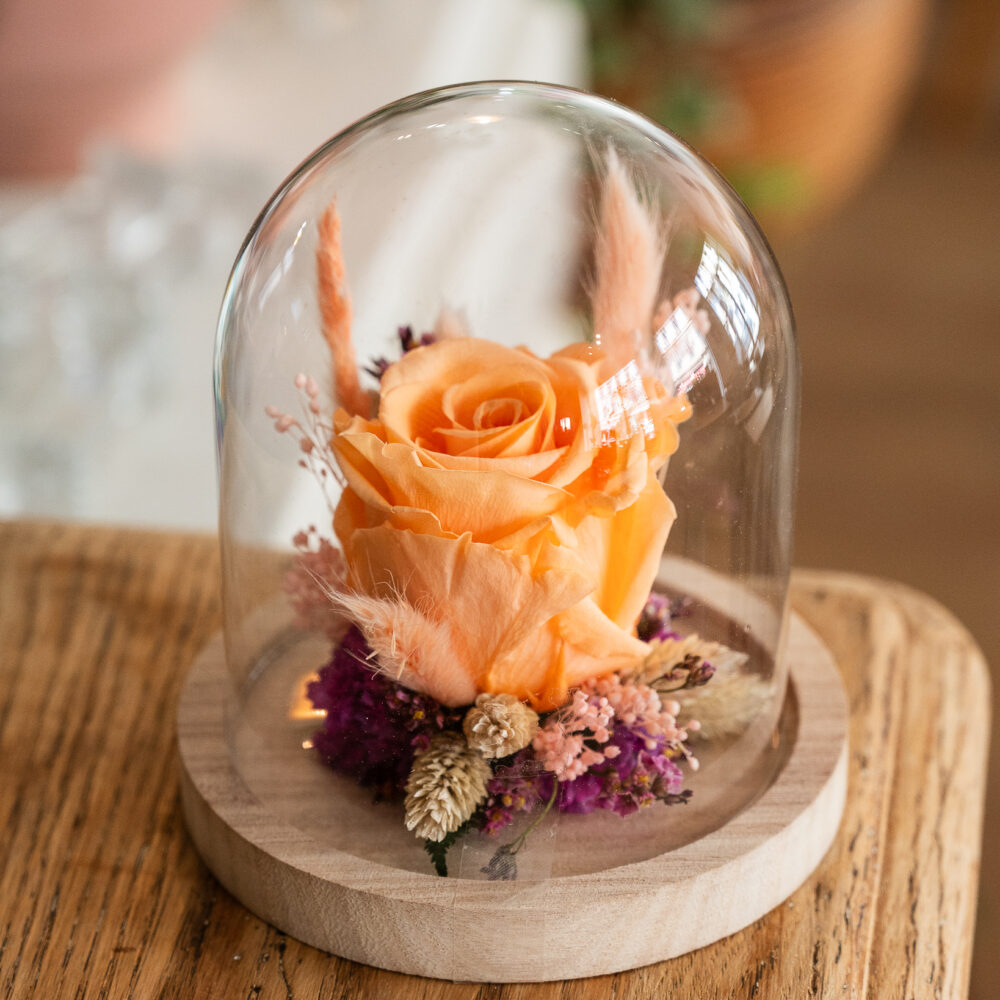 Rose stabilisée orange sous cloche en verre avec socle en bois, composition florale artisanale fabriquée à la main à Lyon, hauteur 15 cm.
