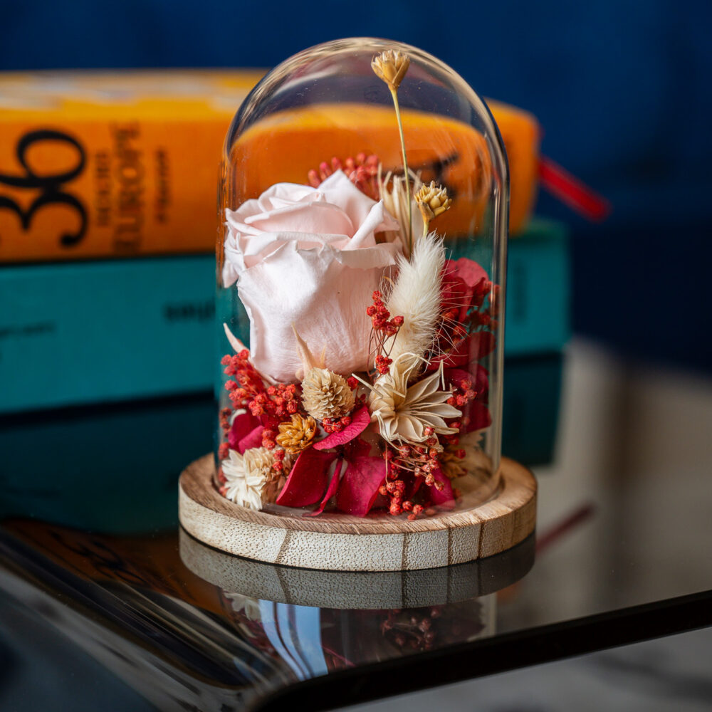 Cloche en verre avec rose stabilisée rose pâle et fleurs séchées sur base en bois, création artisanale Atelier Lavarenne Lyon